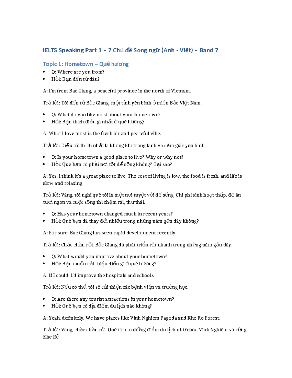IELTS Speaking Part 1: 7 Chủ đề Song ngữ (Anh-Việt) Band 7 - Studocu