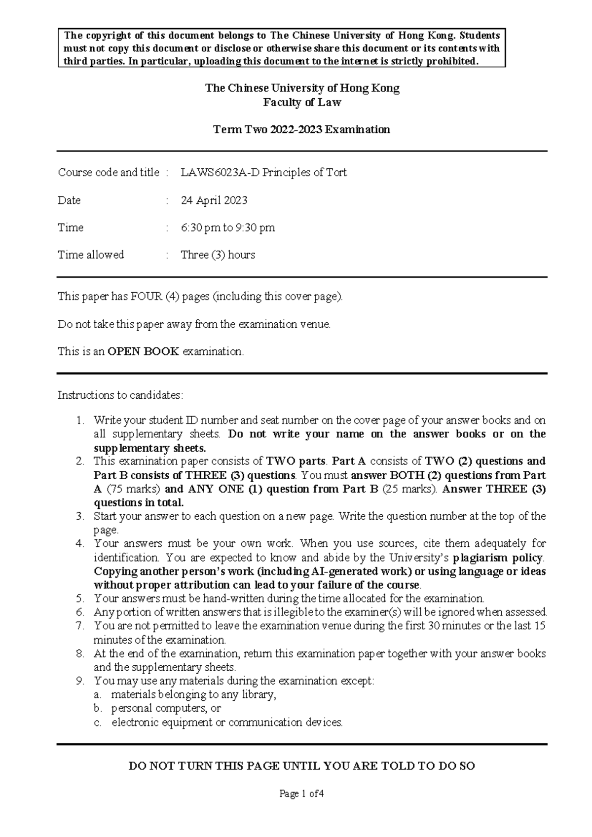 LAWS6023A-D Principles of Tort Term Two Exam Paper 2022-23 - Studocu