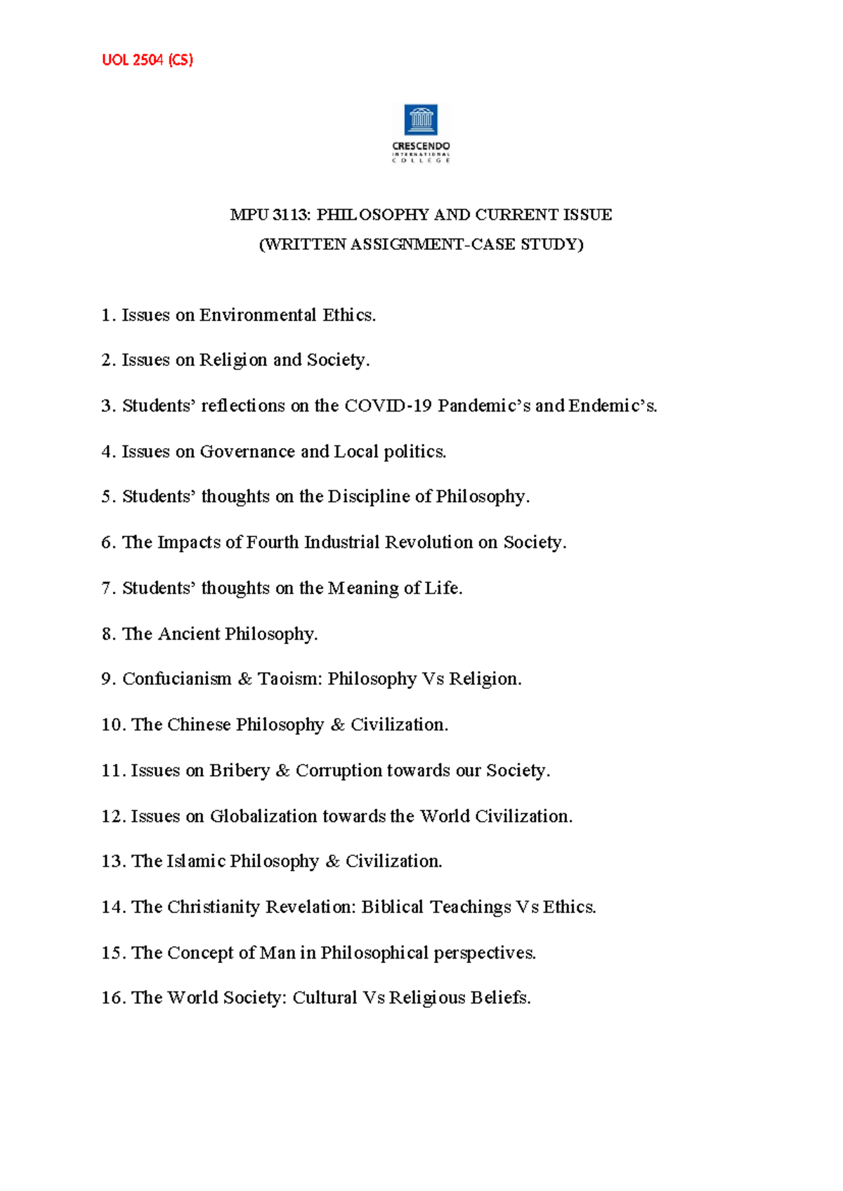 UOL 2504 (CS) MPU 3113: Topics in Philosophy and Current Issues - Studocu