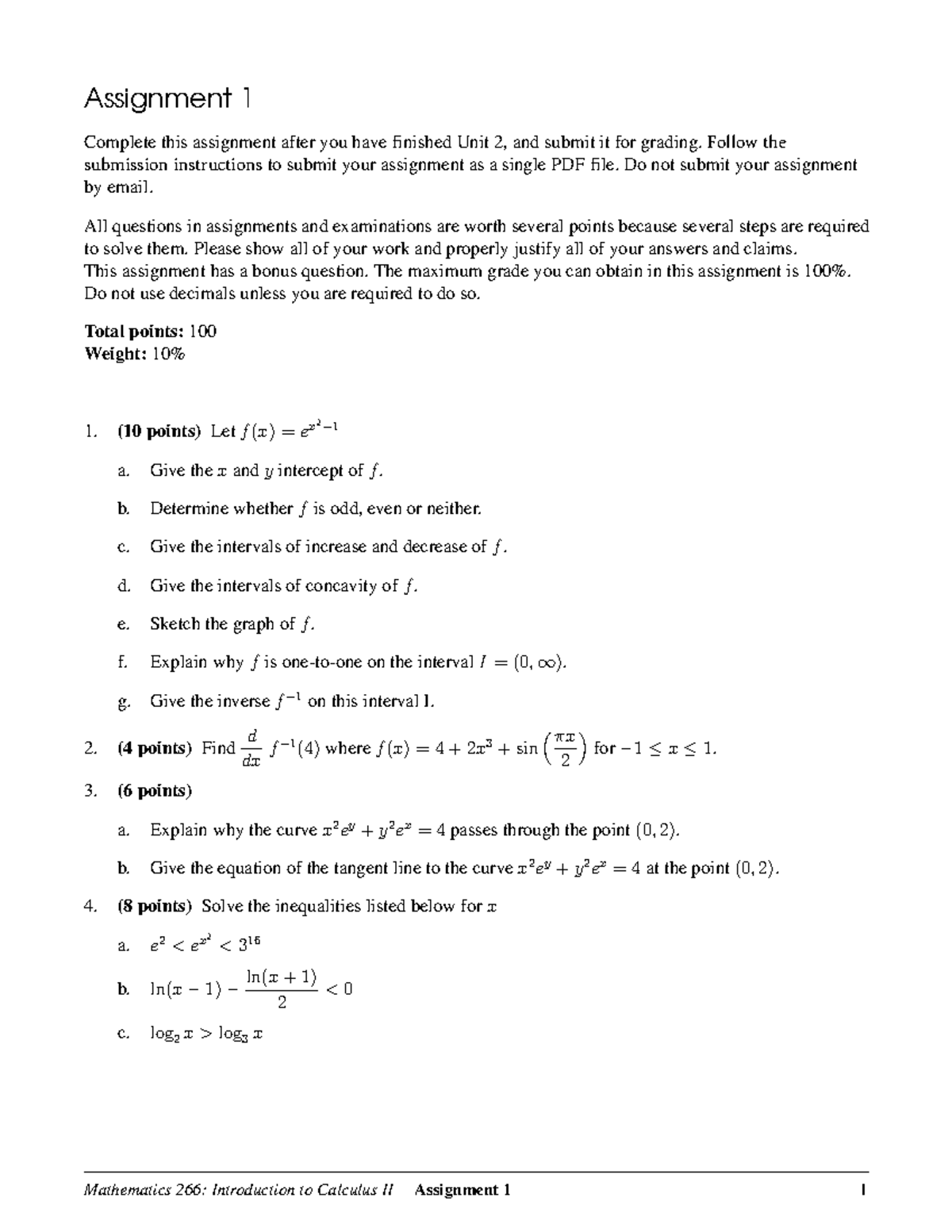 Mathematics 266: Intro to Calculus II - Assignment 1 Guidelines - Studocu