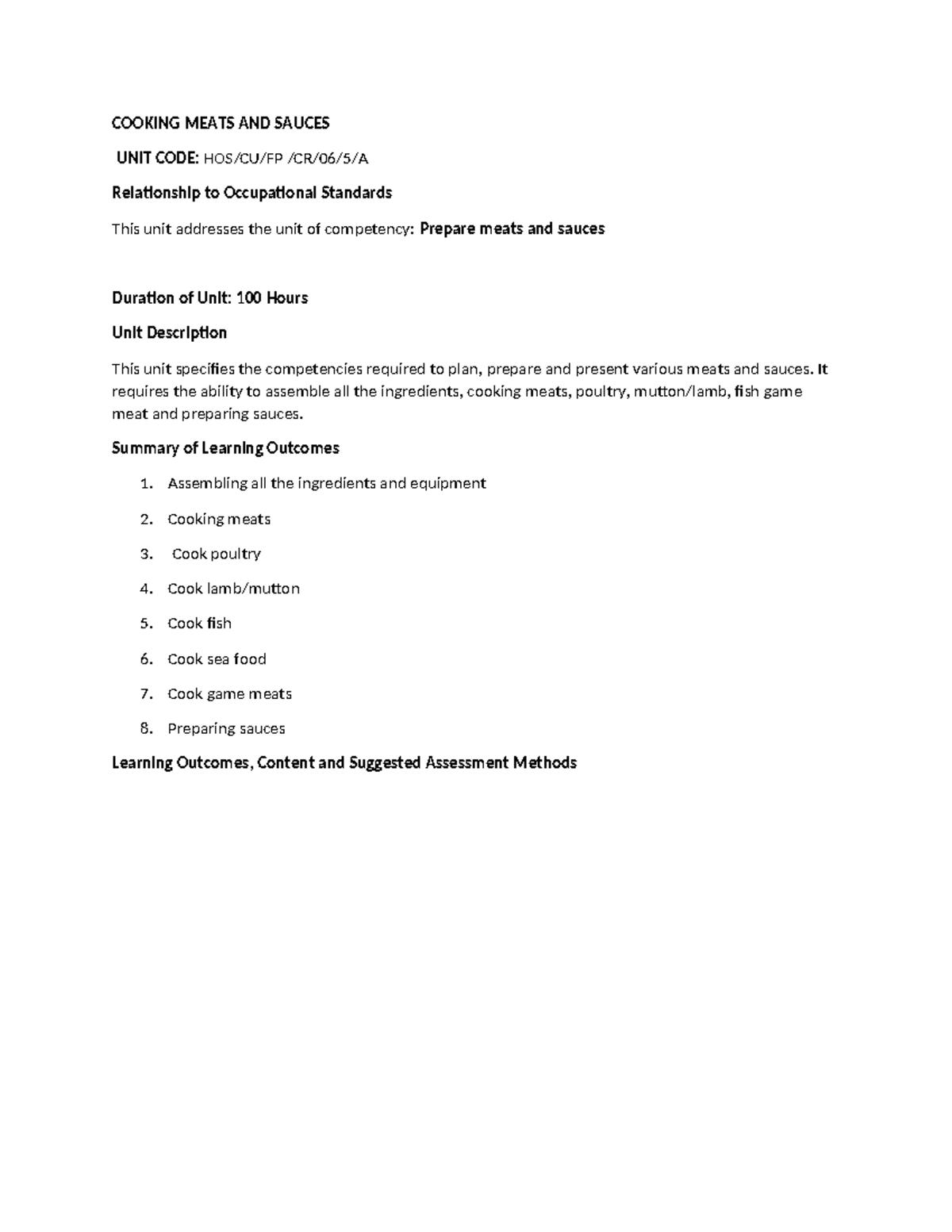 Cooking Meats & Sauces: Unit Code & Competency Standards Overview - Studocu