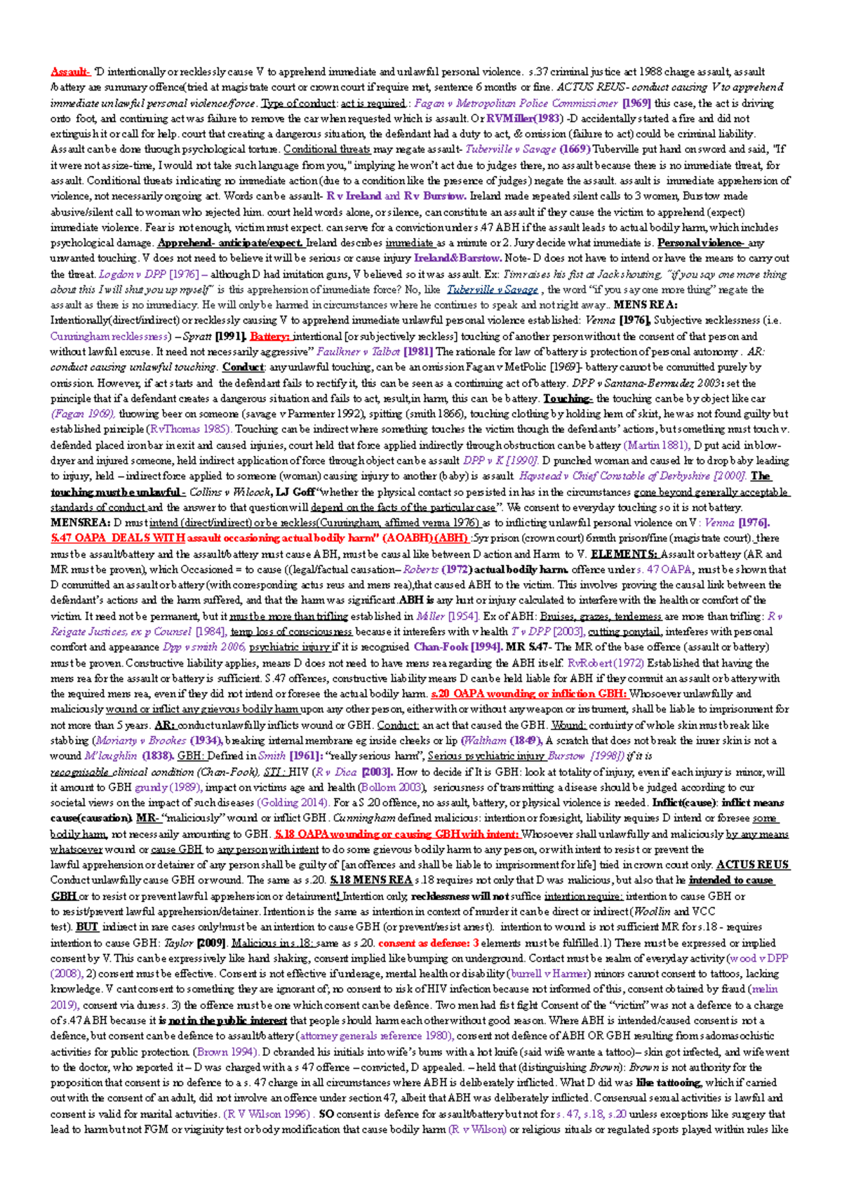 Title: Assault Overview: Legal Principles and Case Law Analysis (LAW ...