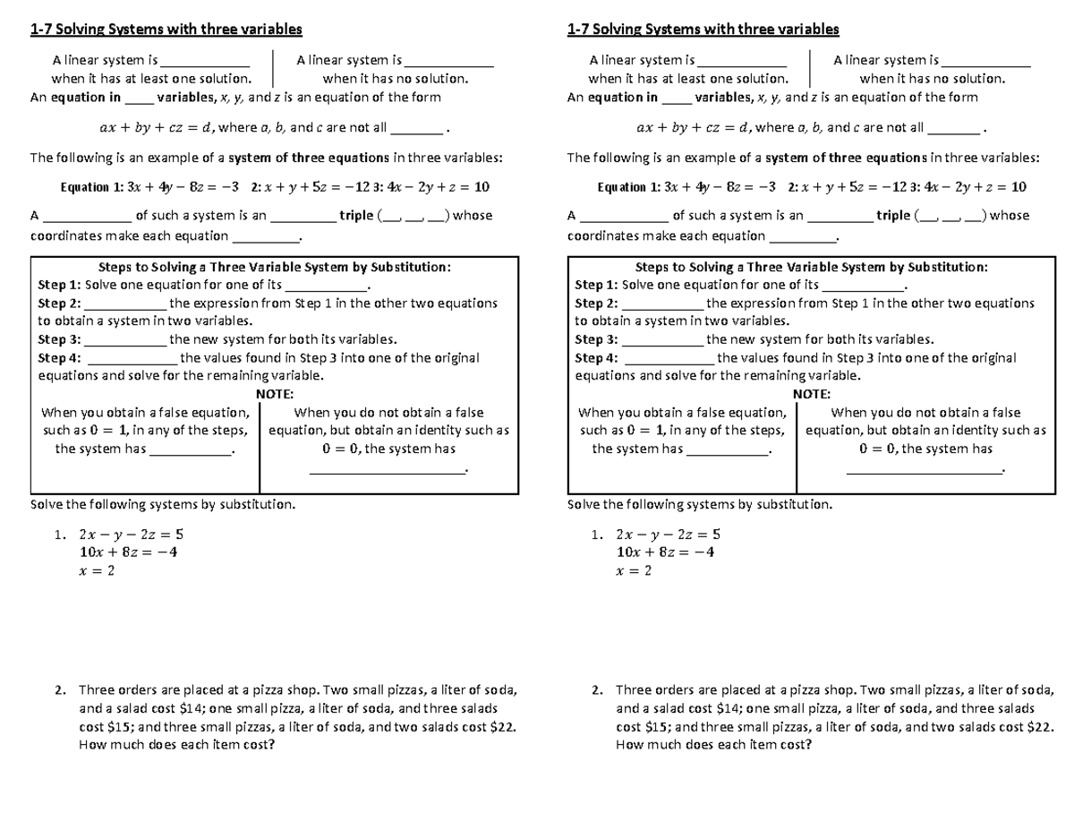 Systems of Three Variables: Solving by Substitution Methods - Studocu