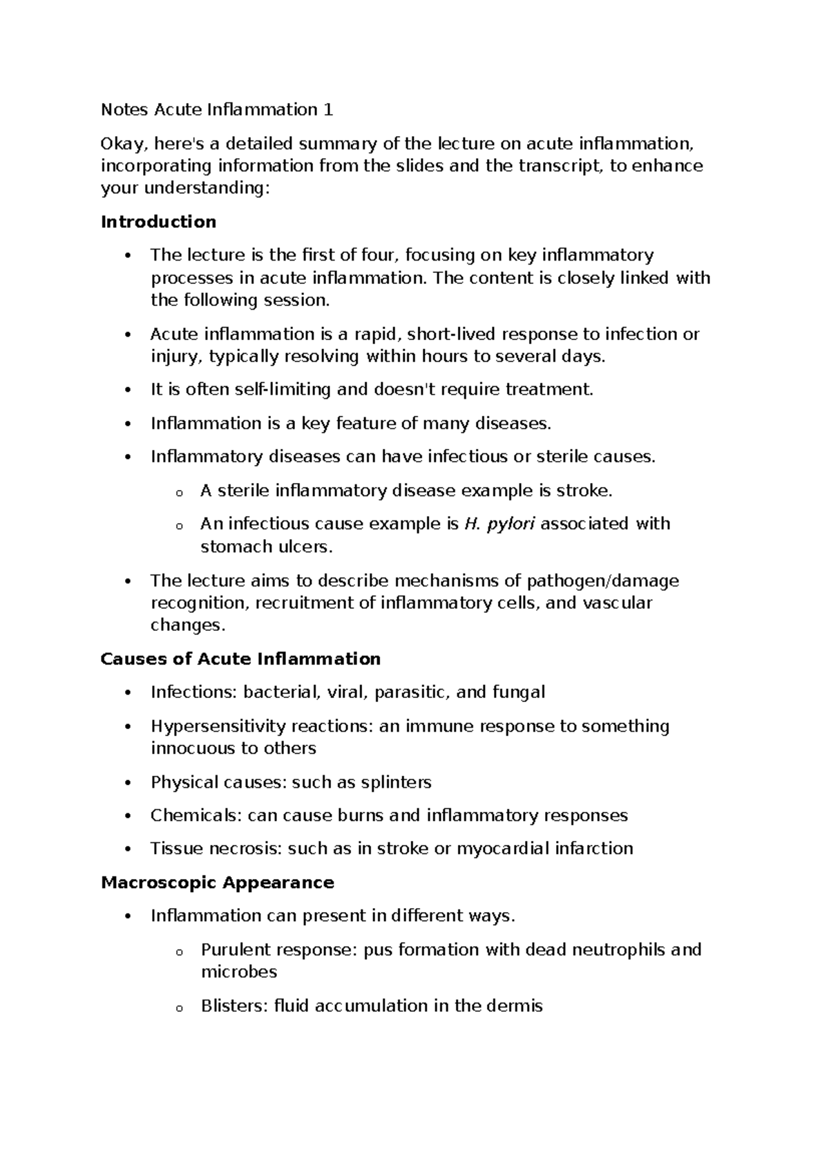 Notes Acute Inflammation 1 - The content is closely linked with the ...