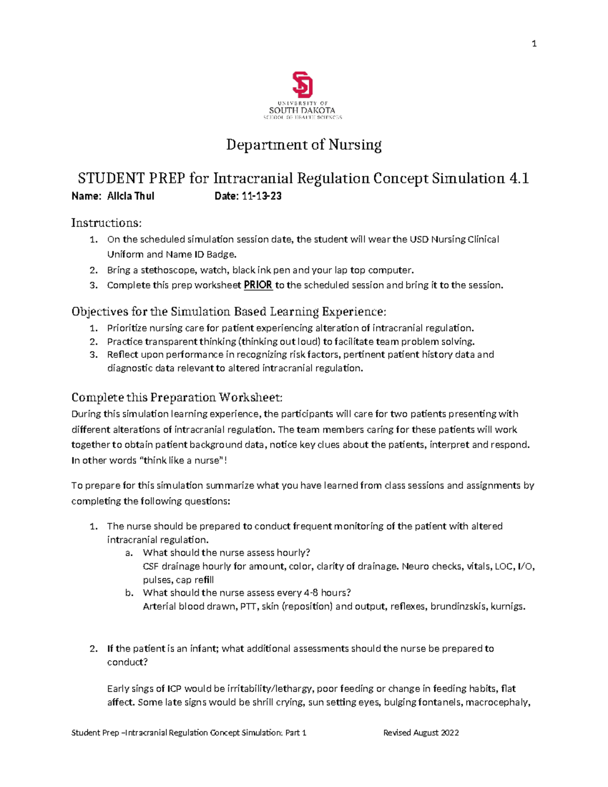 4.1 sim prep - Simulation Assignment - 1 Department of Nursing STUDENT ...