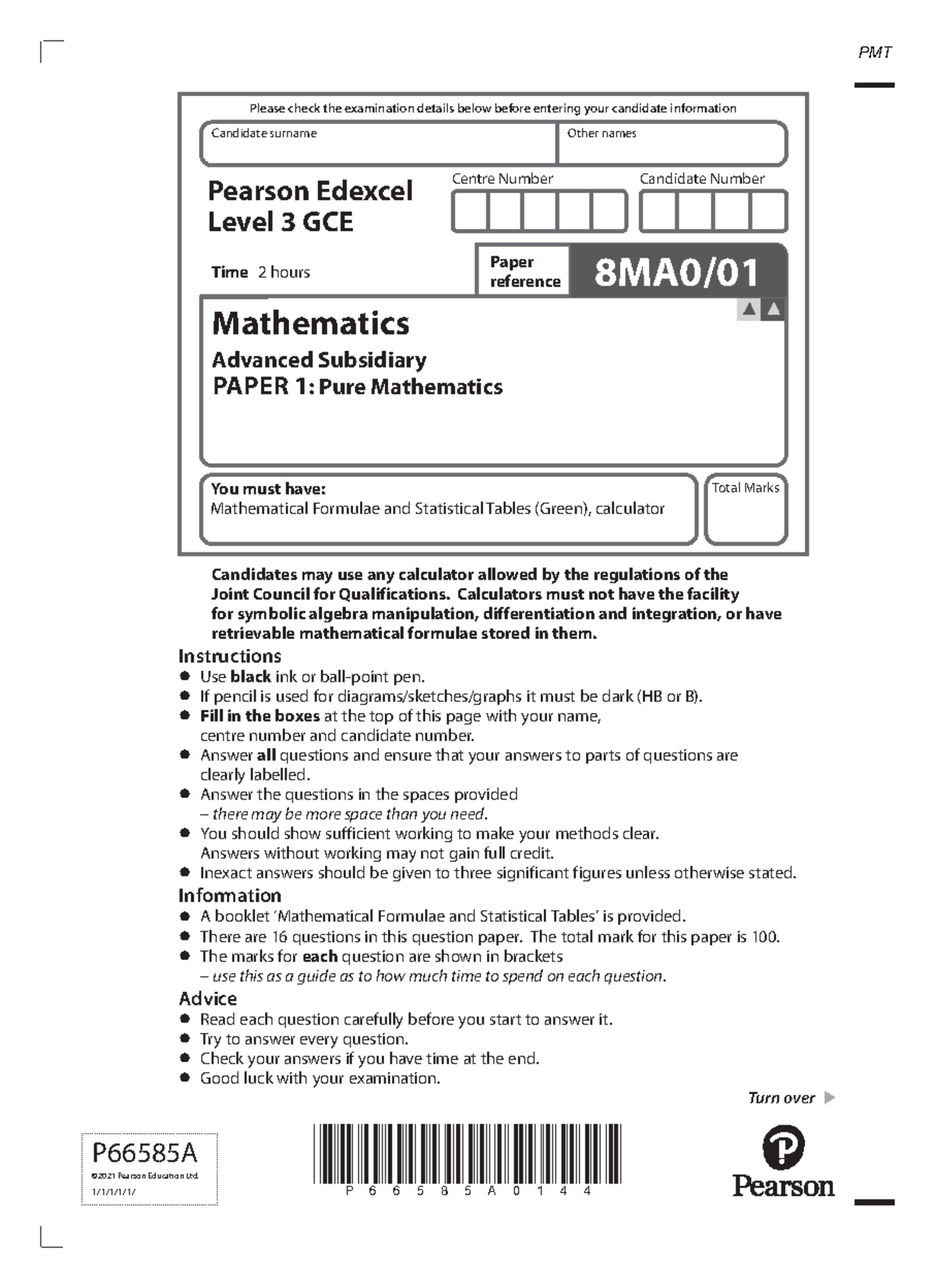 Mathematics AS Level Paper 1: Pure Mathematics Exam Nov 2021 - Studocu