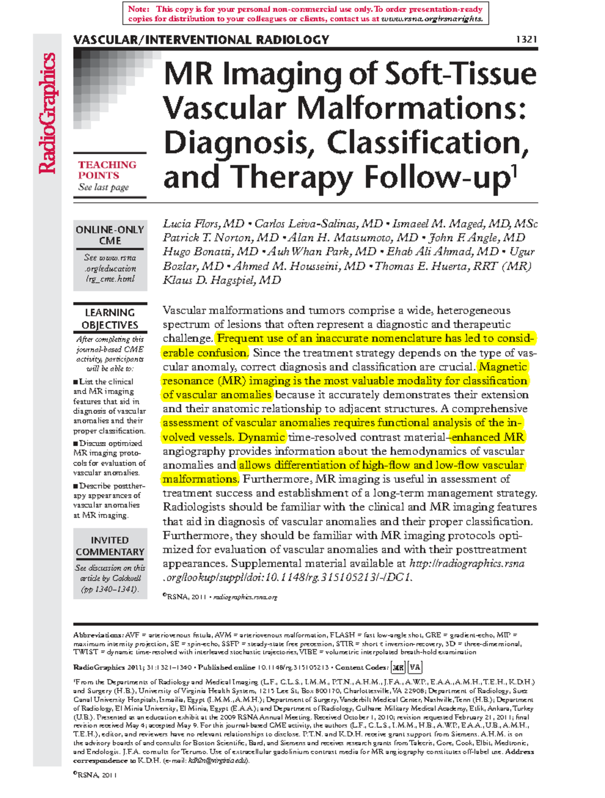RADIOLOGY 1321 MR Imaging of Vascular Malformations: Diagnosis ...