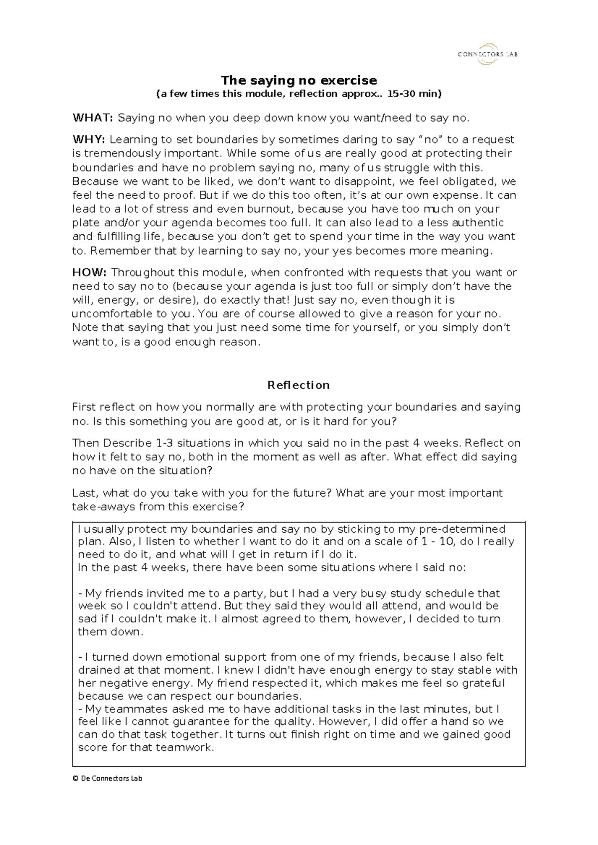 Saying No Reflection Exercise - Module Insights and Personal Growth ...