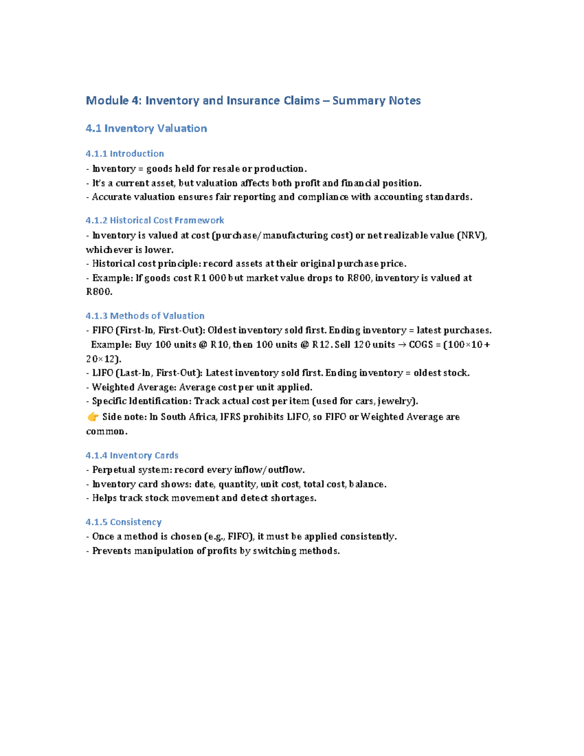 Module 4: Inventory Valuation & Insurance Claims Summary Notes - Studocu