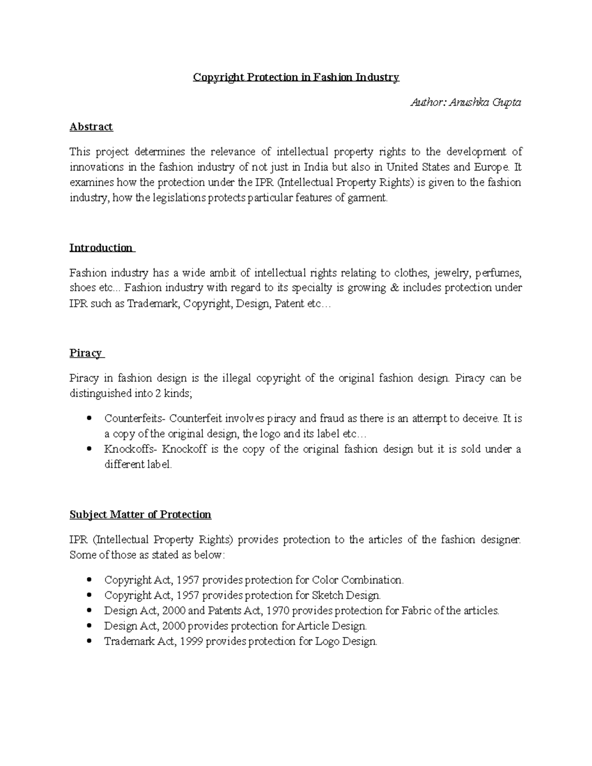 Copyright Protection in Fashion Industry - It examines how the ...