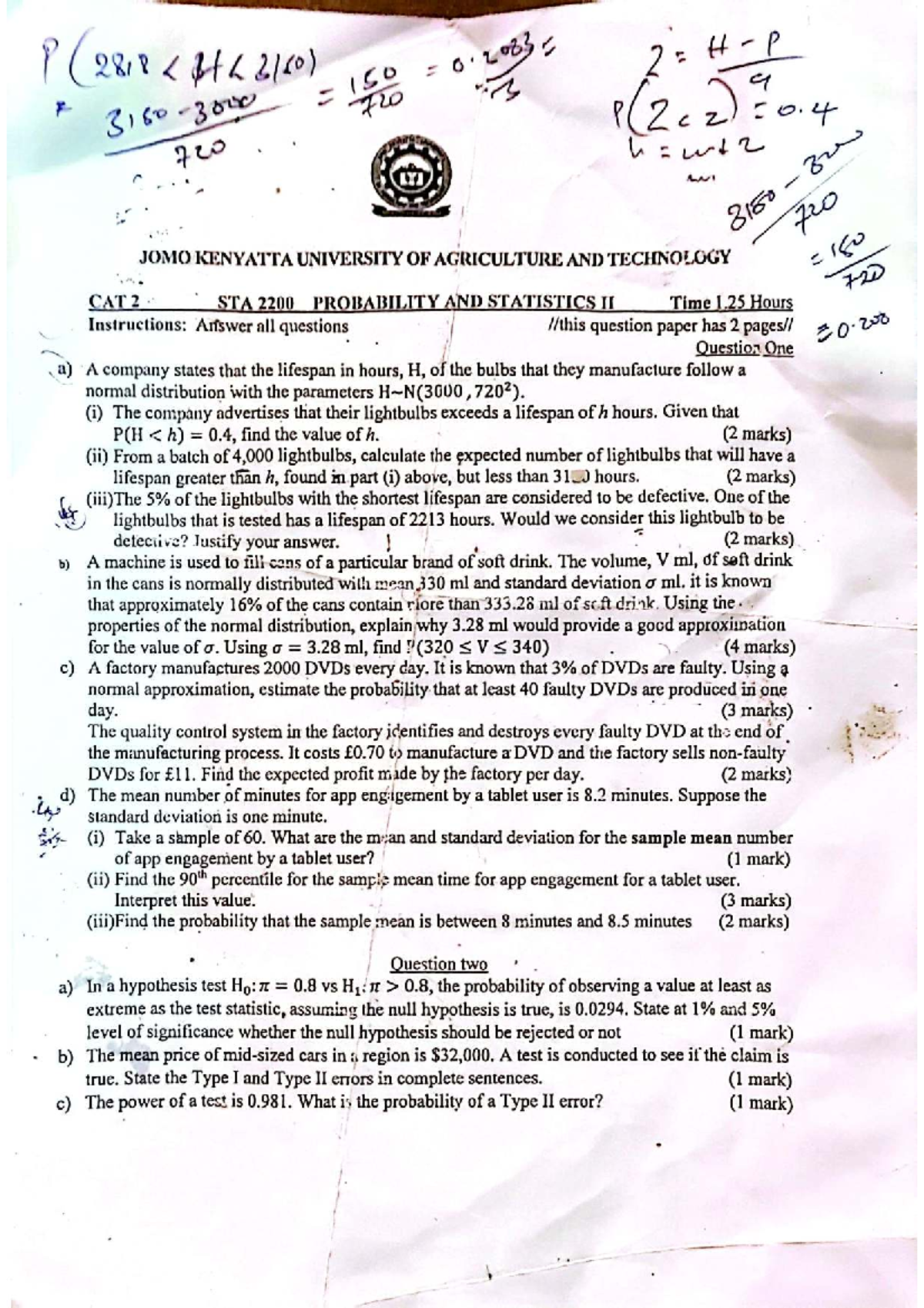 Stats 2 CAT 2 - Probability and Statistics II Exam Questions - Studocu