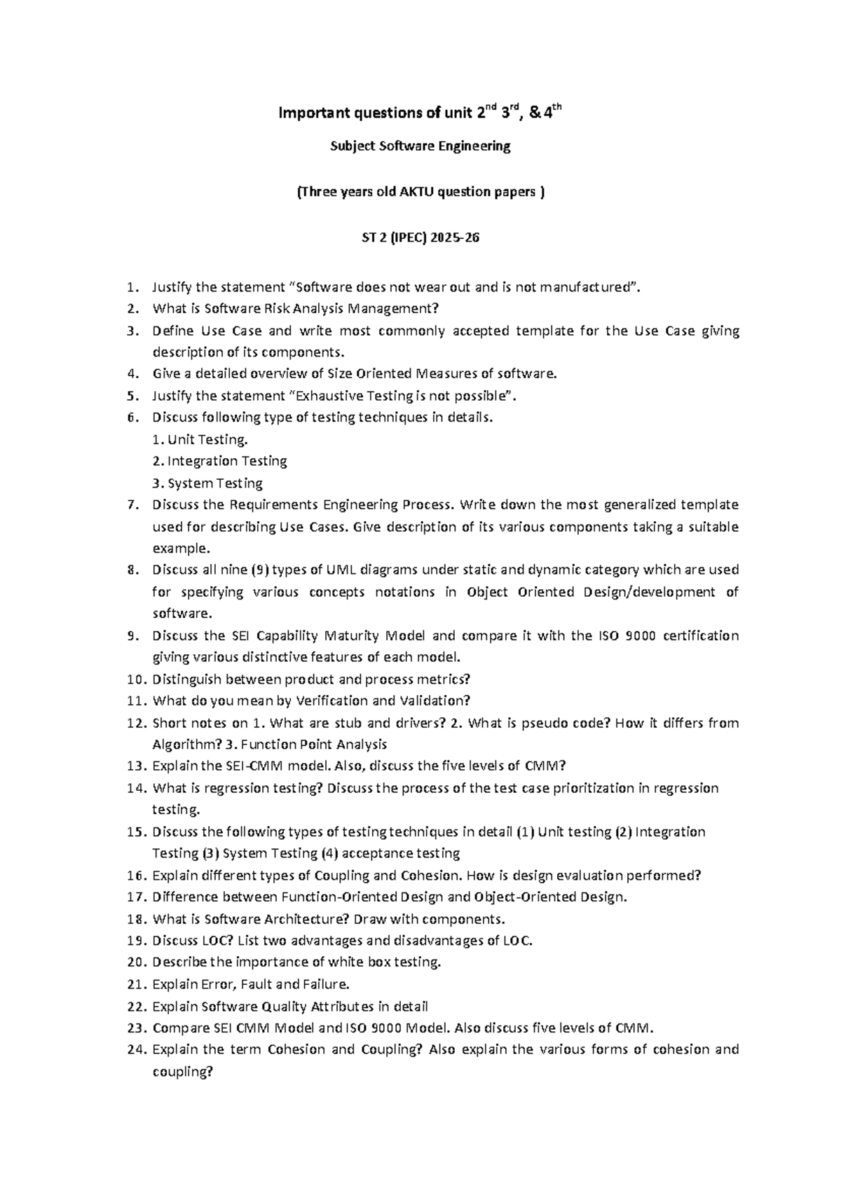 Important Questions for Software Engineering ST 2 (IPEC) - Studocu