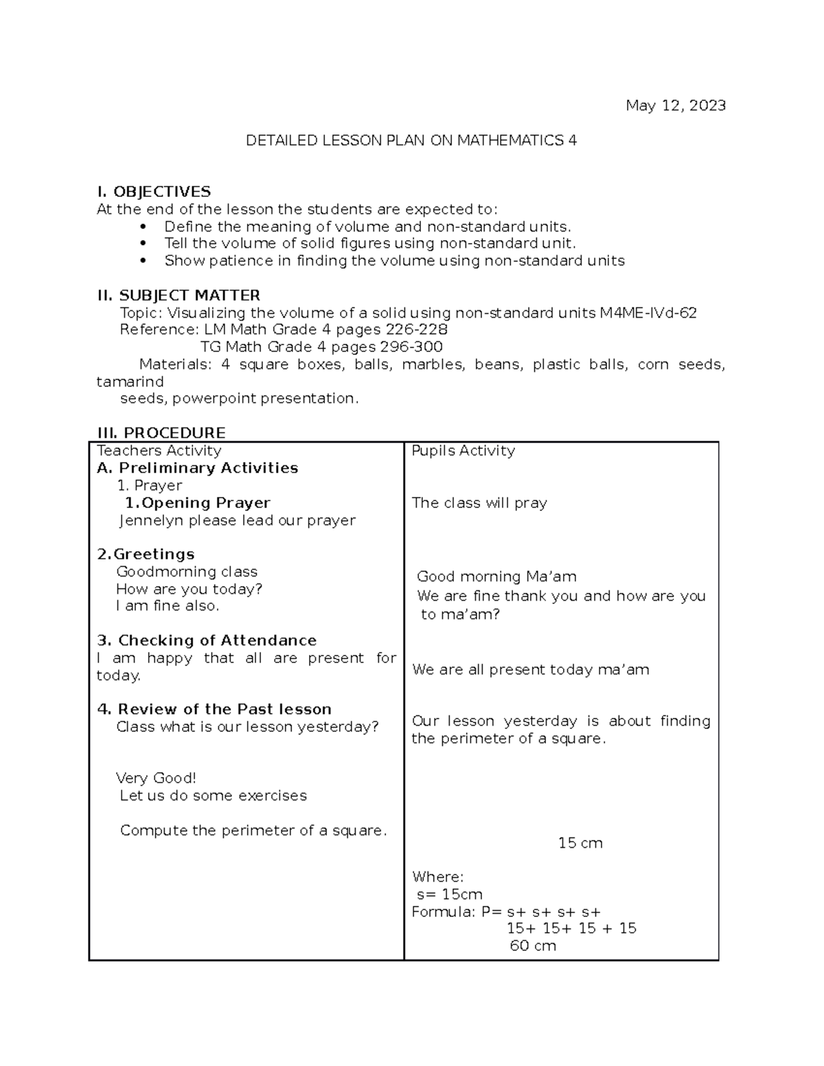 Detailed Lesson Plan on Volume Using Non-Standard Units (Math 4) - Studocu