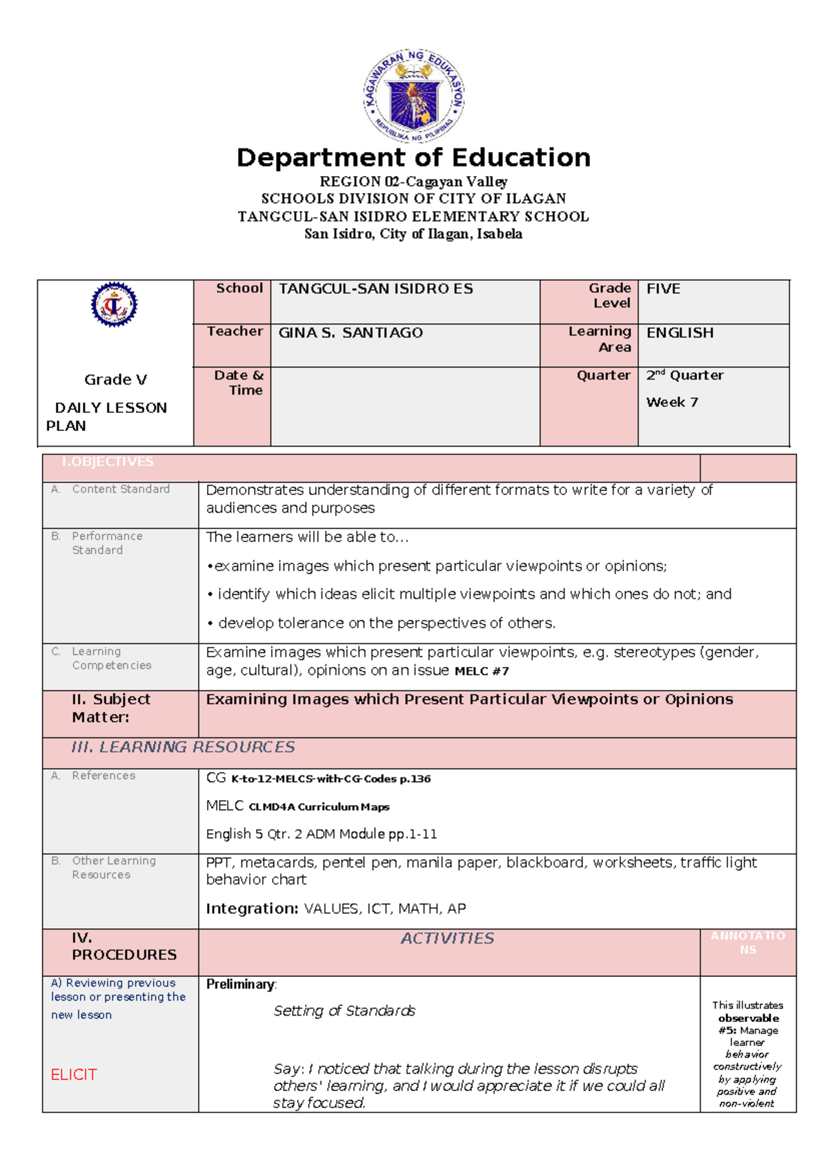 COT ENG 5 Qtr 2 Week 7 - Daily Lesson Plan on Viewpoints - Studocu