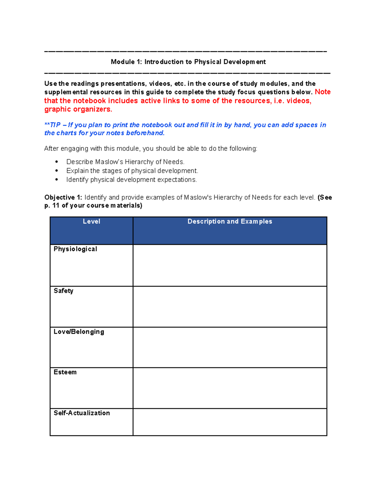 Module 1 Notebook: Intro to Physical Development - Updated - Studocu