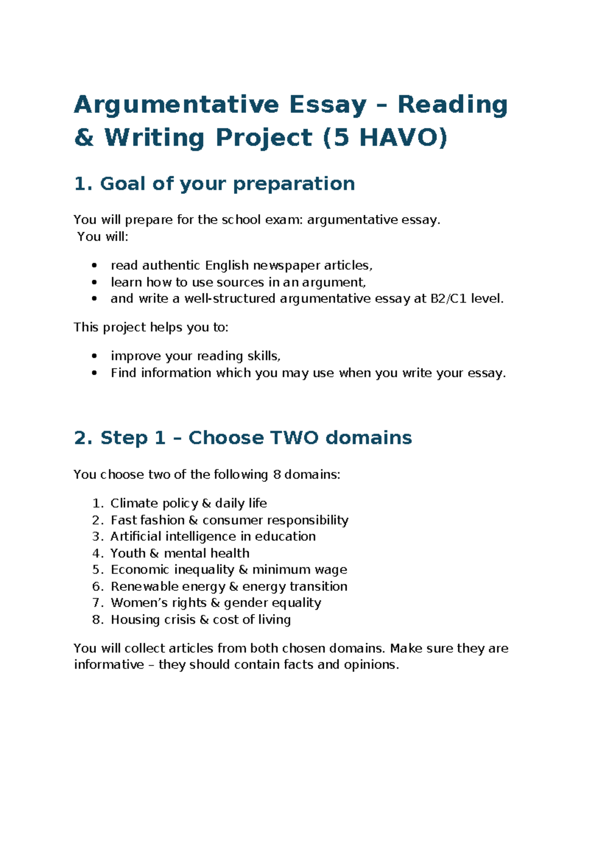 Argumentative Essay Project: Reading & Writing (5 HAVO) - Studeersnel