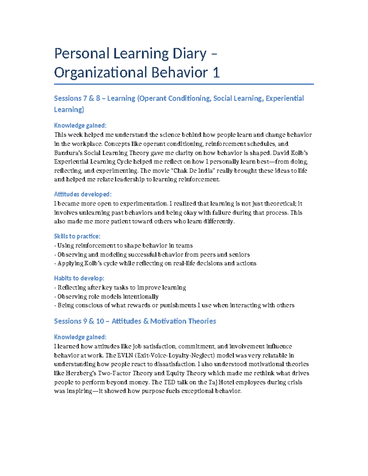 Personal Learning Diary: Org Behavior 1 Sessions 7-14 Insights ...