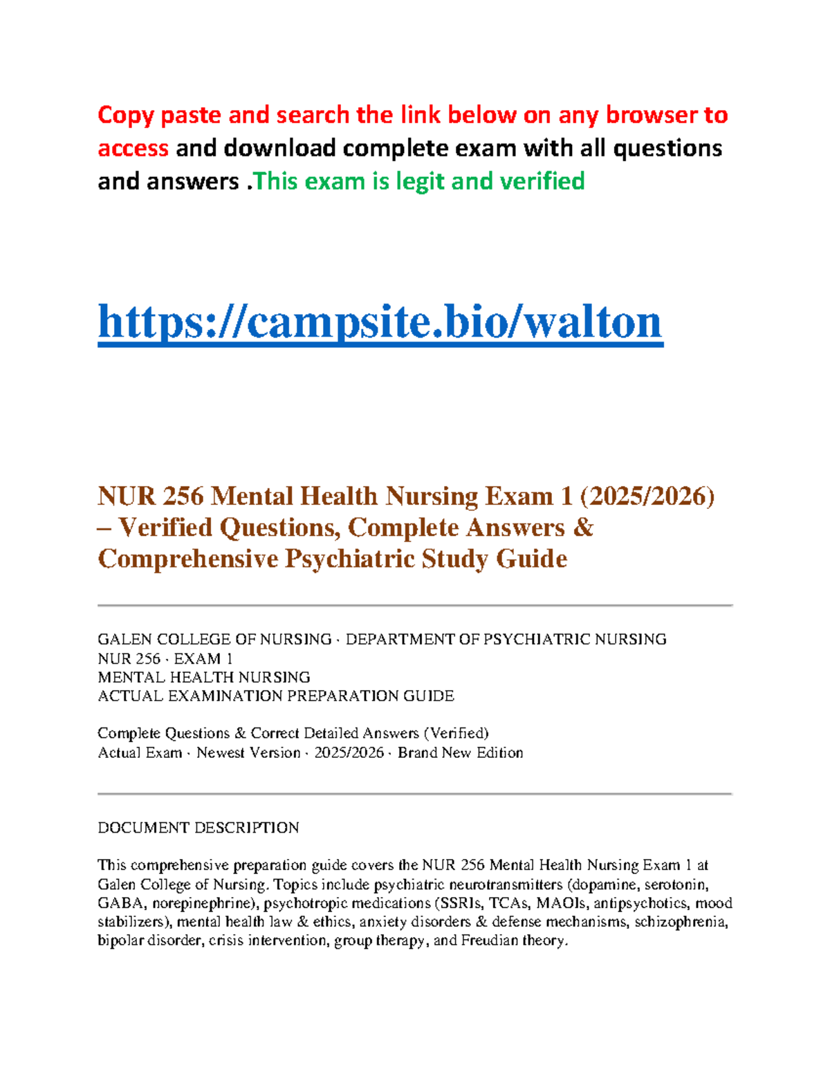 NUR 256 Mental Health Nursing Exam 1 Study Guide with Verified Answers ...