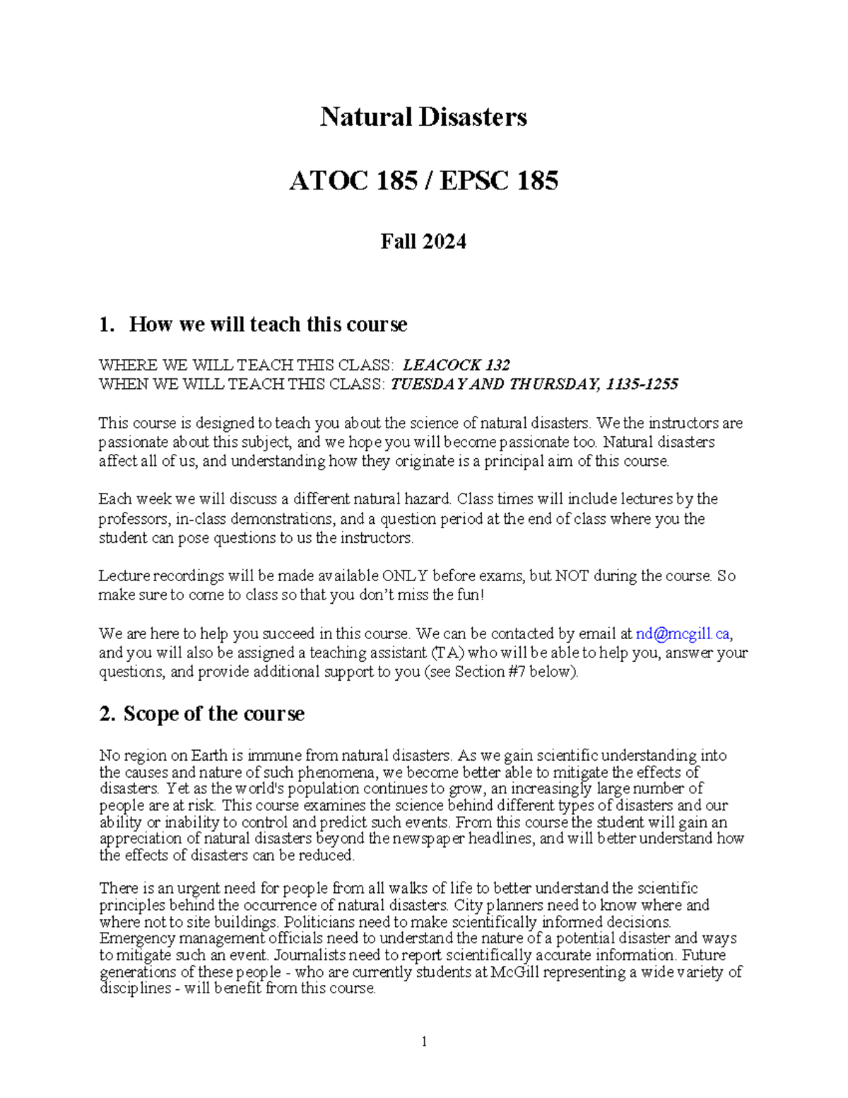 Natural Disasters Syllabus Atoc 185 Epsc 185 Fall 2024 Overview And