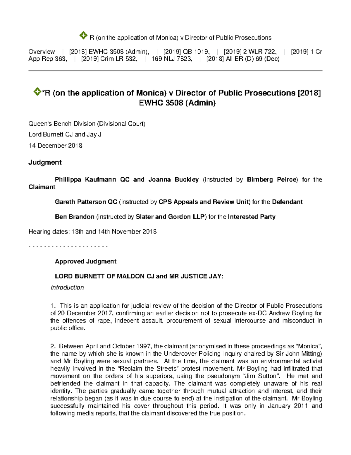 R (Monica) v DPP: Judicial Review of Non-Prosecution Decision EWHC 3508 ...