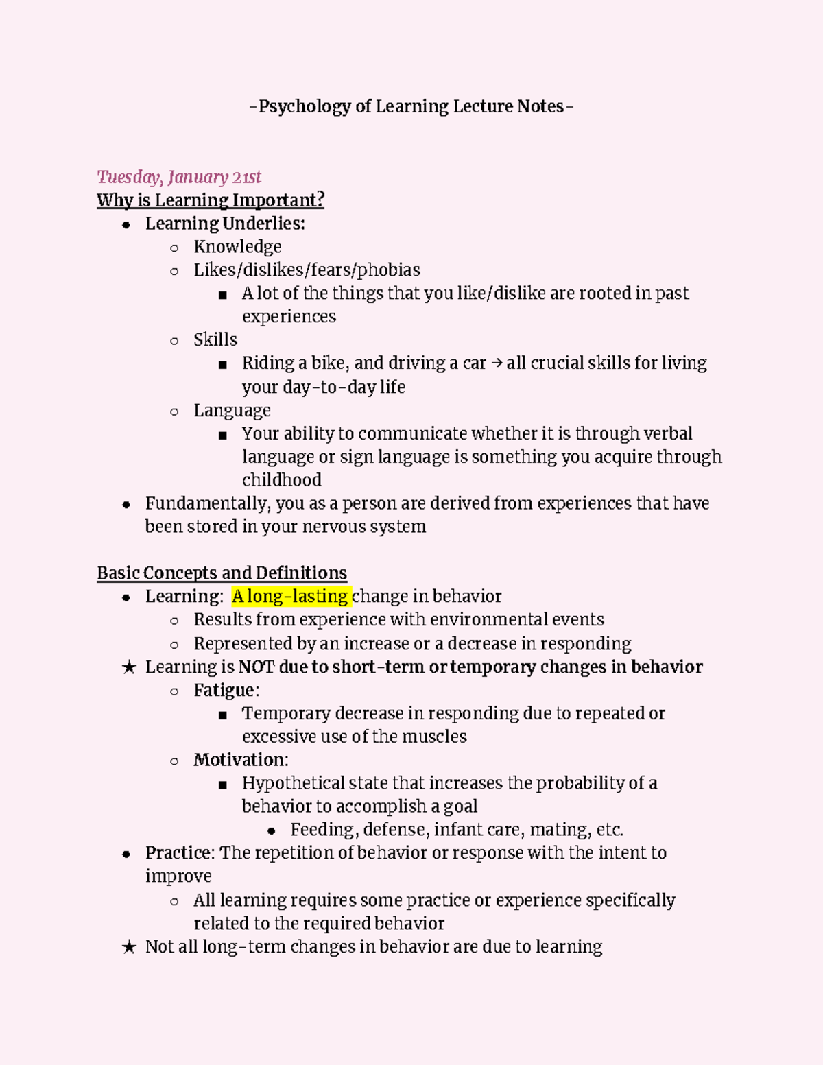 Psychology of Learning Lecture Notes (PSY-101): Concepts & Conditioning ...