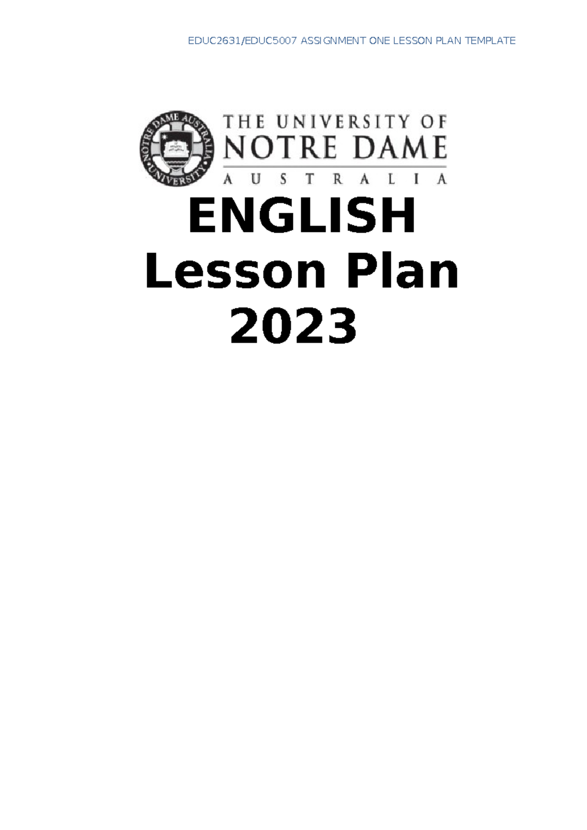 Assignment One Lesson Plan English - EDUC2631/EDUC5007 ASSIGNMENT ONE ...