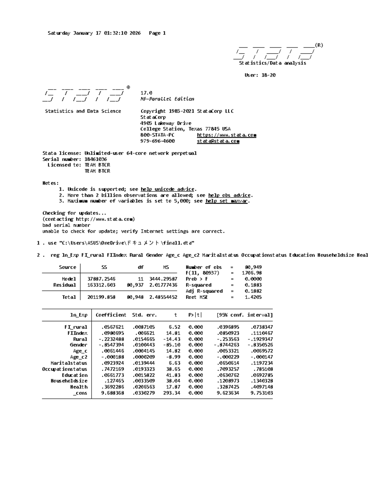 Statistical Analysis of ln_Exp with Stata: User Notes & Results - Studocu