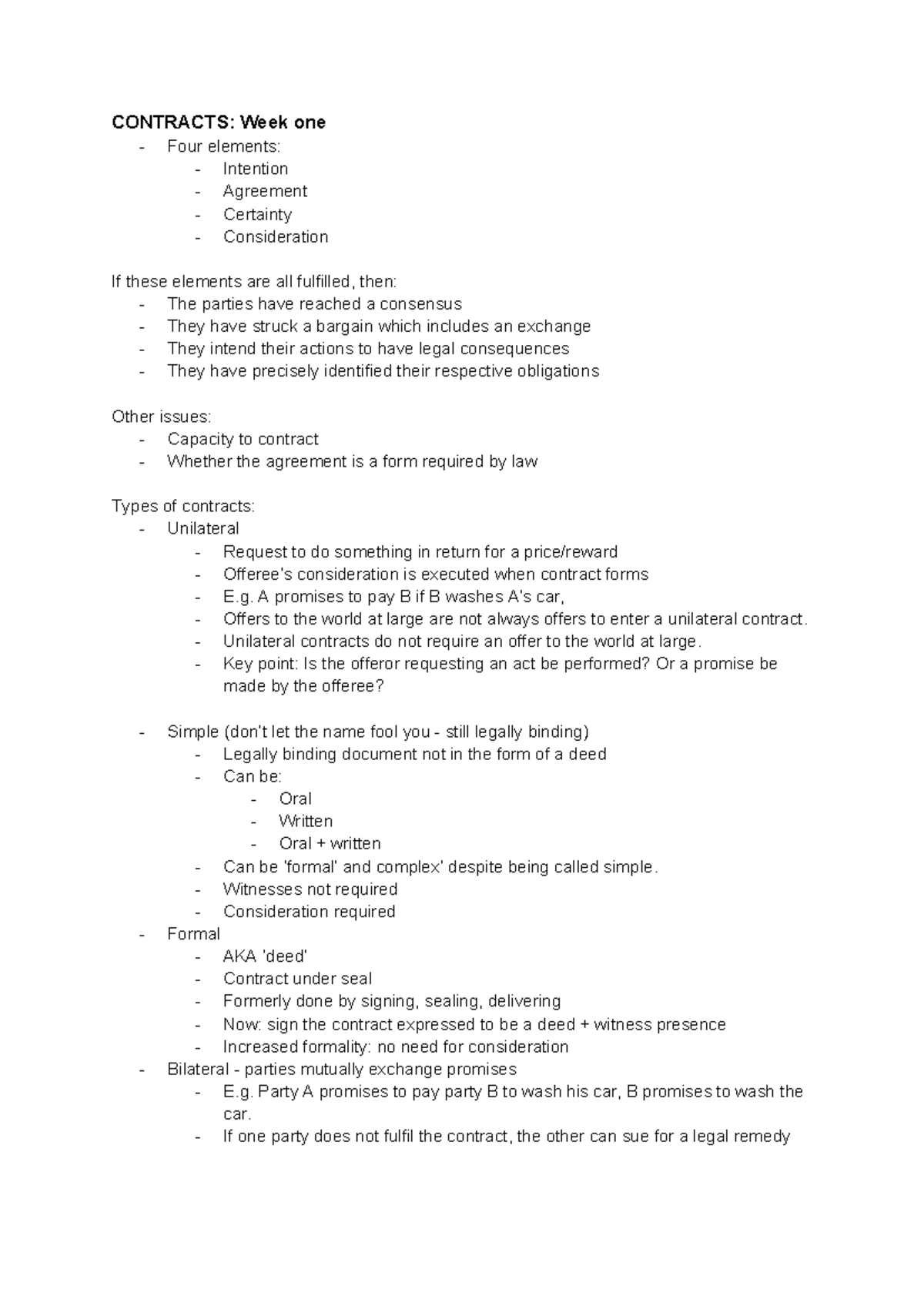 CONTRACTS: Week 1 - Key Elements and Types of Agreements - Studocu