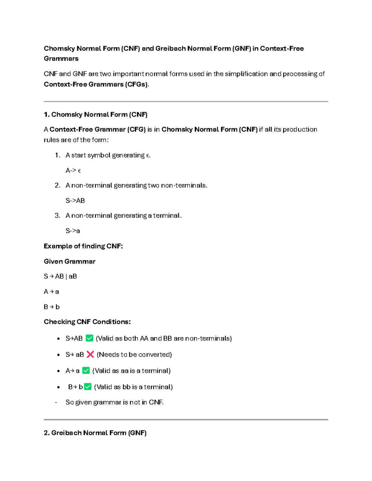 CNF and GNF in Grammars: Understanding Chomsky and Greibach Forms - Studocu