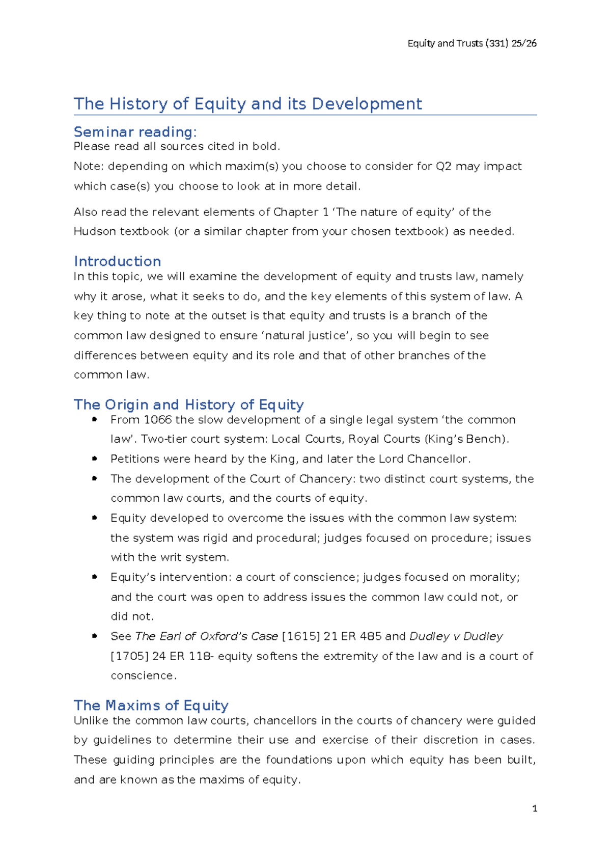 Equity and Trusts (331) Lecture Handout: The Evolution of Equity Law ...