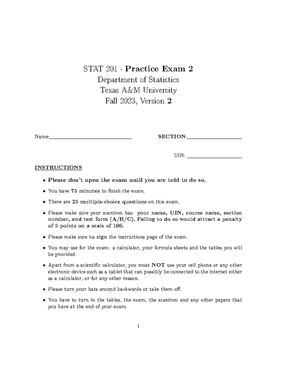 Fall 2023 STAT 201 Exam 2 Practice Problems - Version 2 - Studocu