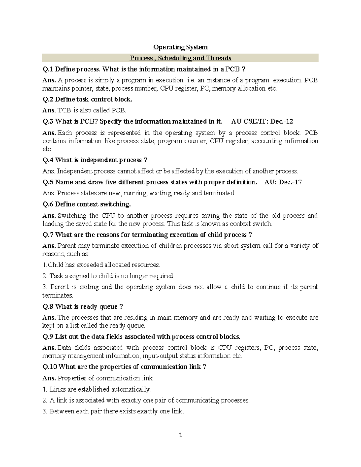 Title: Operating System Q&A: Process, Scheduling & Threads (AU CSE/IT ...