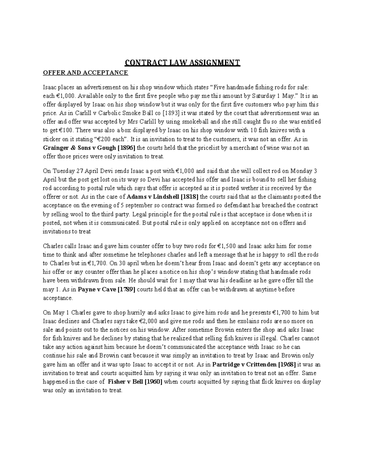 Contract Law Assignment: Offer and Acceptance Analysis - Studocu