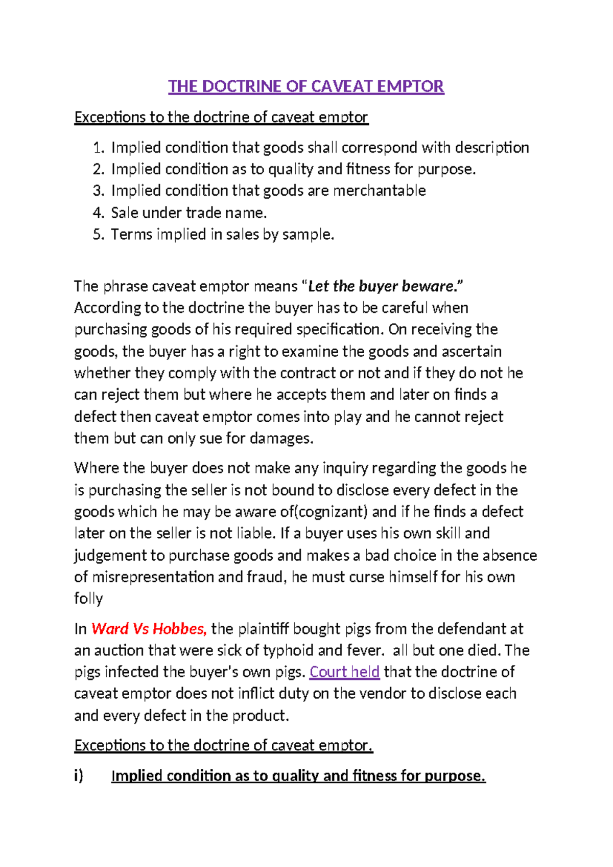 Caveat Emptor: Exceptions and Legal Implications in Sales Law - Studocu