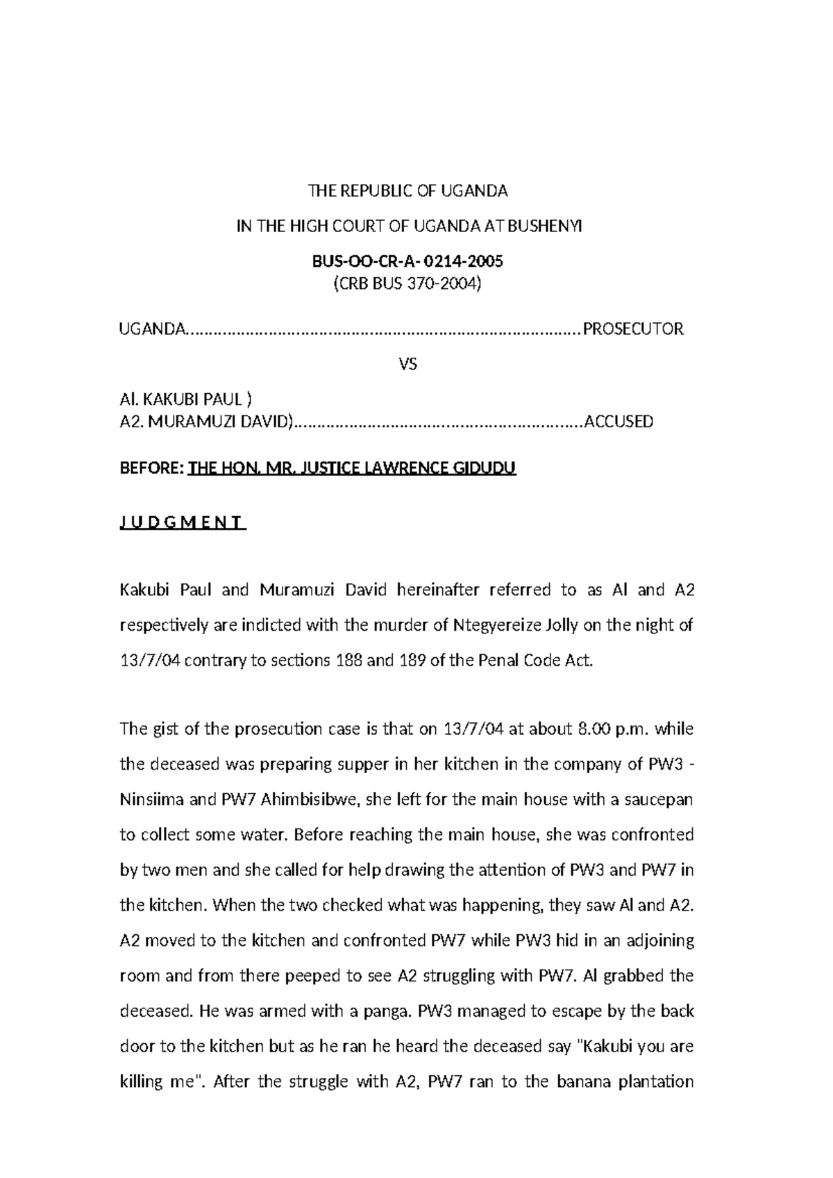 Uganda v Kakubi & Muramuzi: High Court Judgment on Murder Case (2008 ...