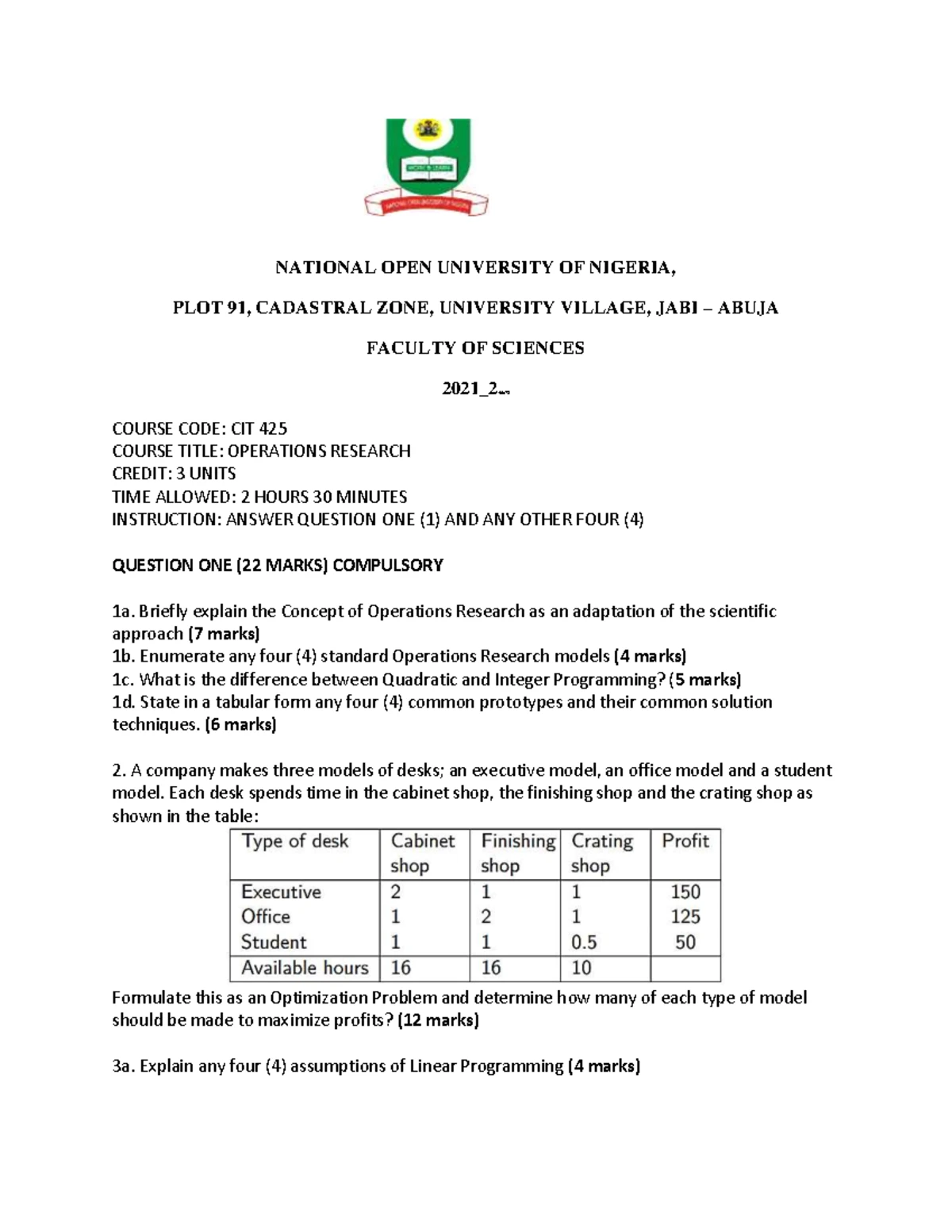 CIT425 April 2019 - Operations Research Exam Summary and Insights - Studocu