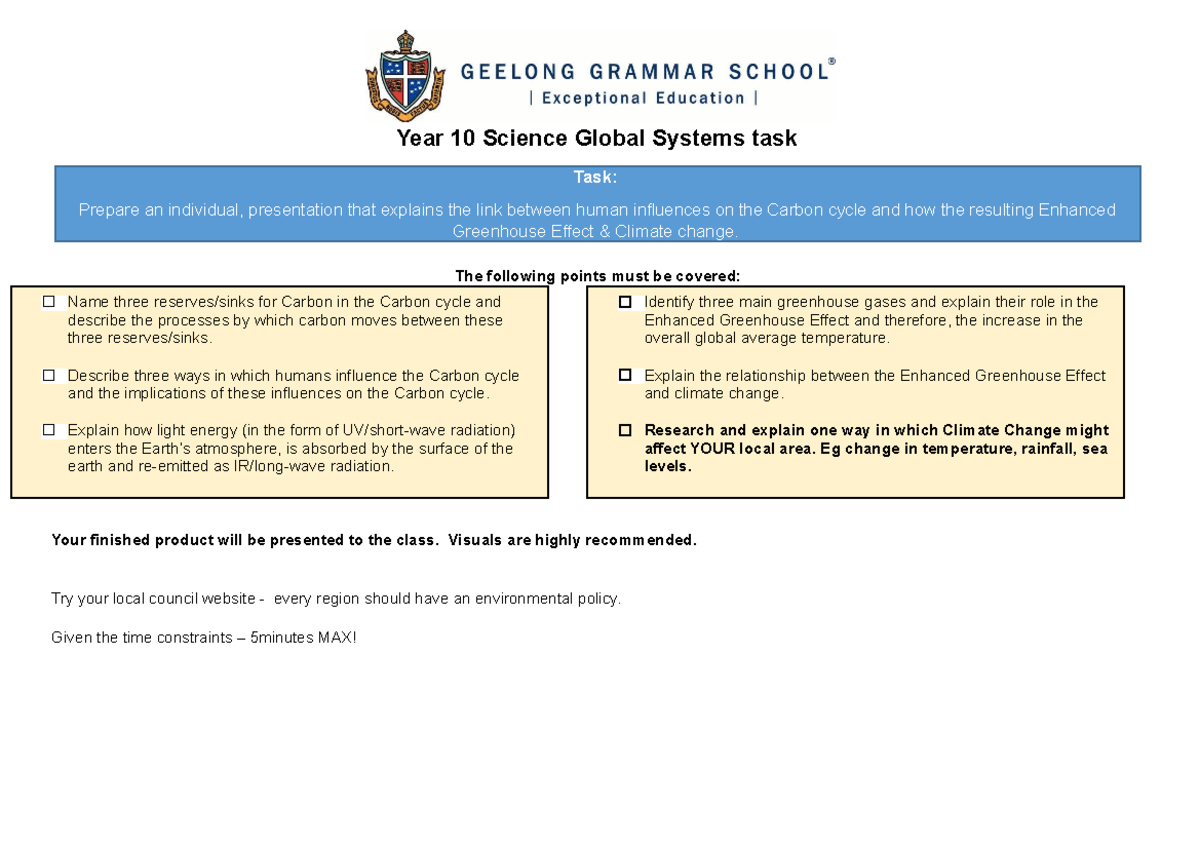 Year 10 Science Climate Change Task: Human Impact on Carbon Cycle - Studocu
