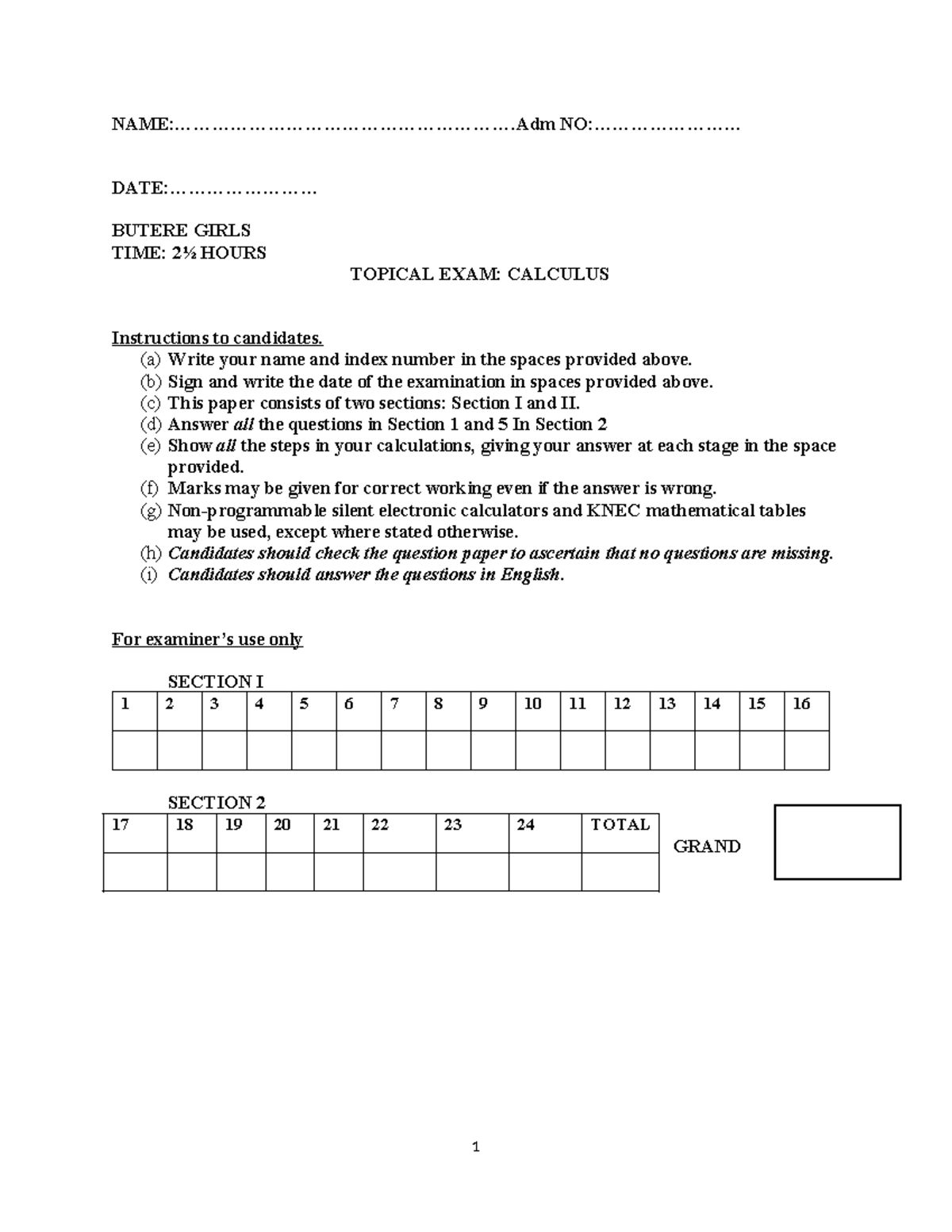 Calculus Topical Exam: BUTERE GIRLS 121833 (2½ Hours) - Studocu
