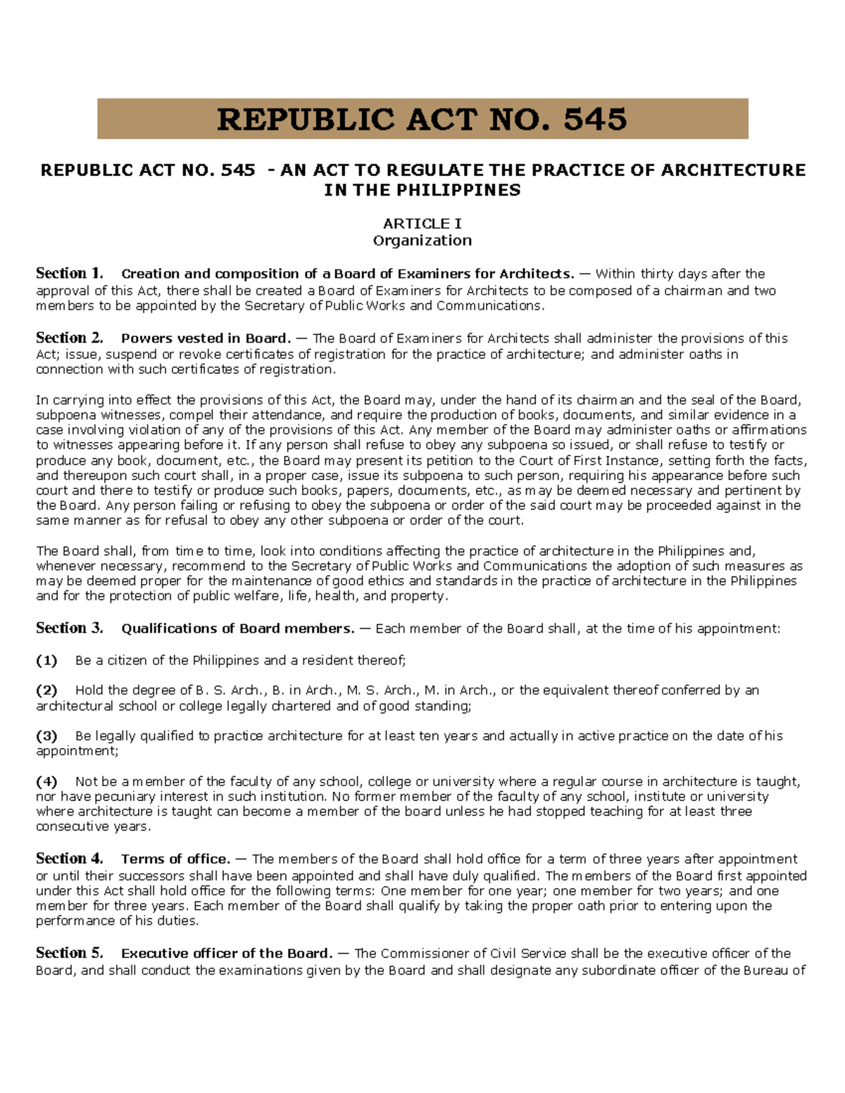 Republic Act No. 545: Regulating Architecture Practice in the ...