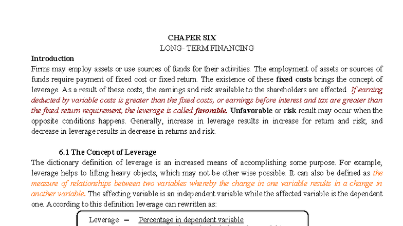 Chapter 6 - Term Financing and Leverage Concepts - Studocu