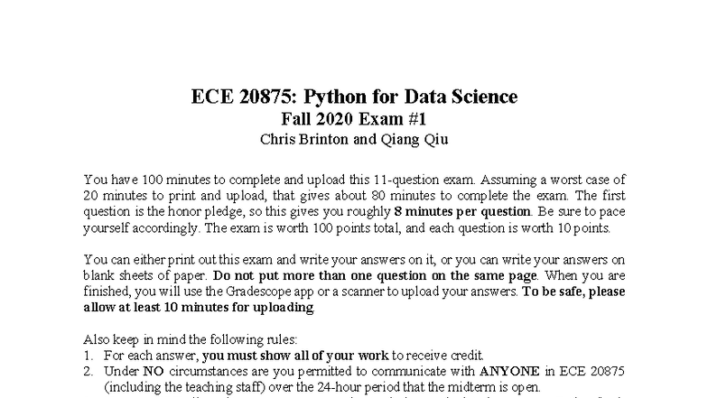 ECE 20875: Python for Data Science Fall 2020 Exam Instructions and ...