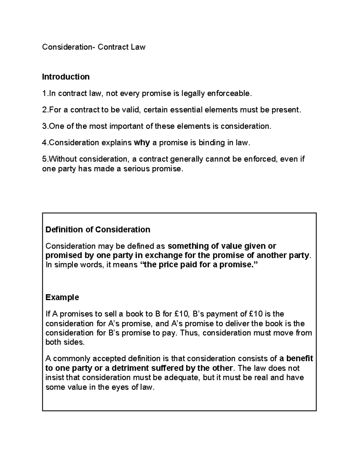 Contract Law Introduction: Understanding Consideration - Studocu