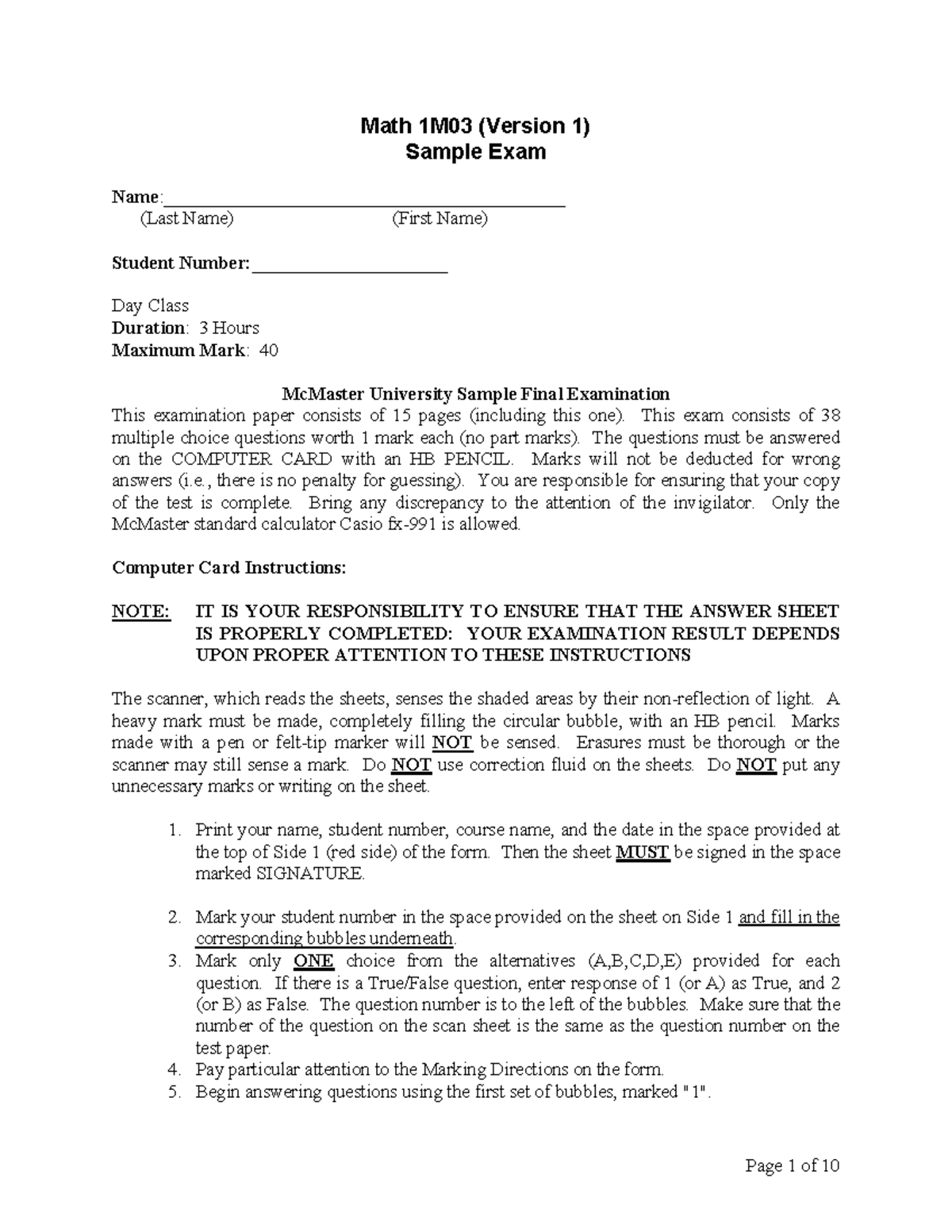 Sample Final Exam Math1M03 - McMaster University Practice Exam - Studocu