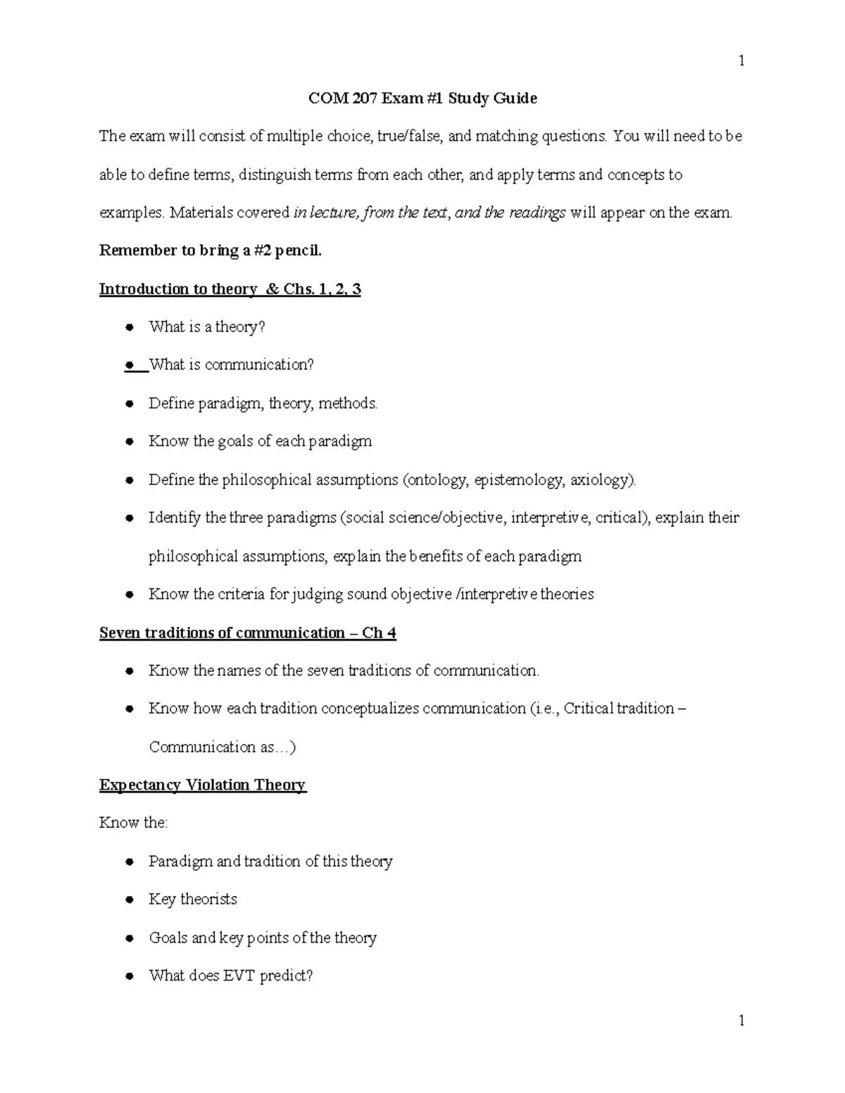 COM 207 Exam #1 Study Guide: Key Theories & Concepts in Communication ...