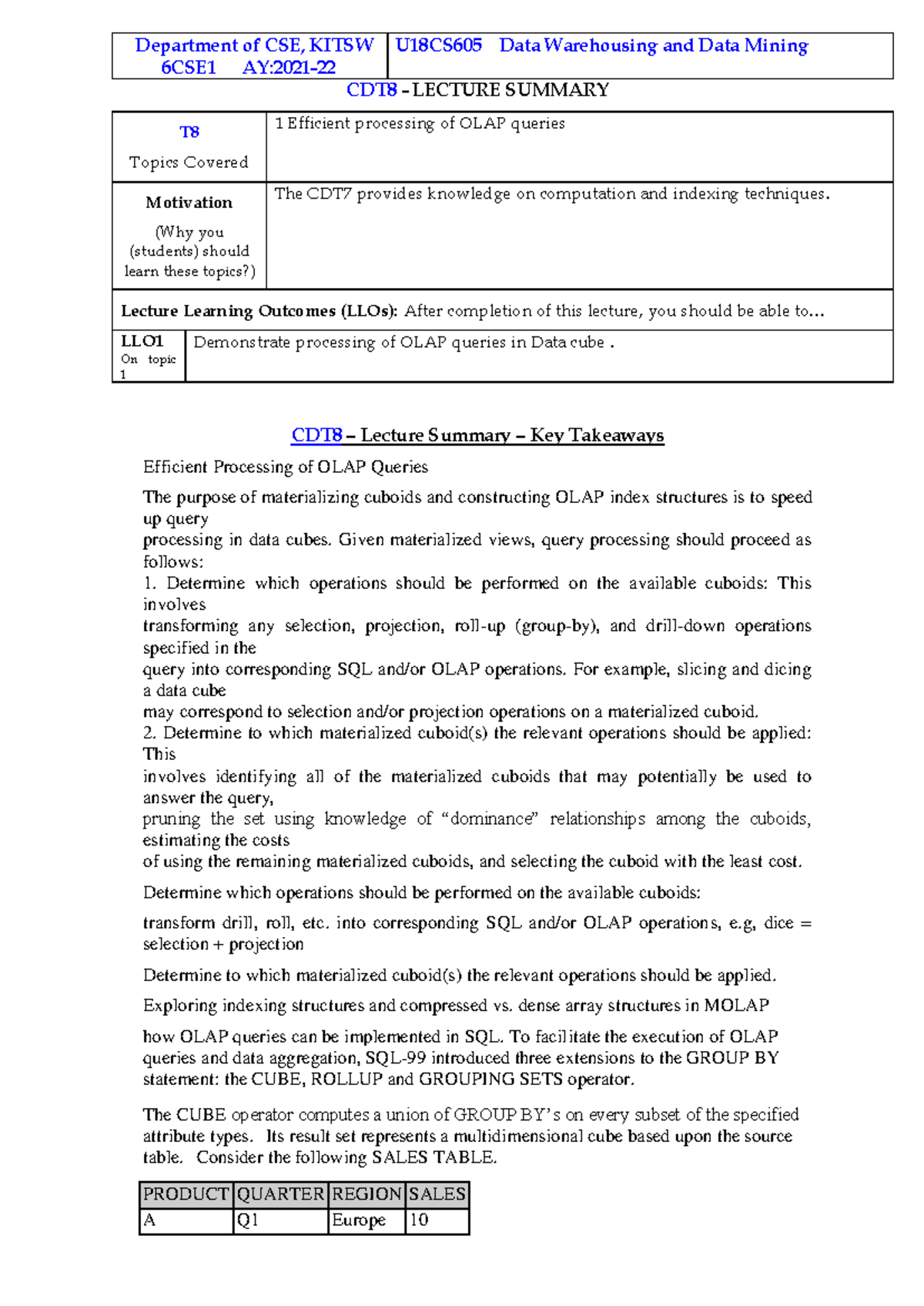 DWDM CDT8 - Lecture Summary on Efficient OLAP Query Processing - Studocu