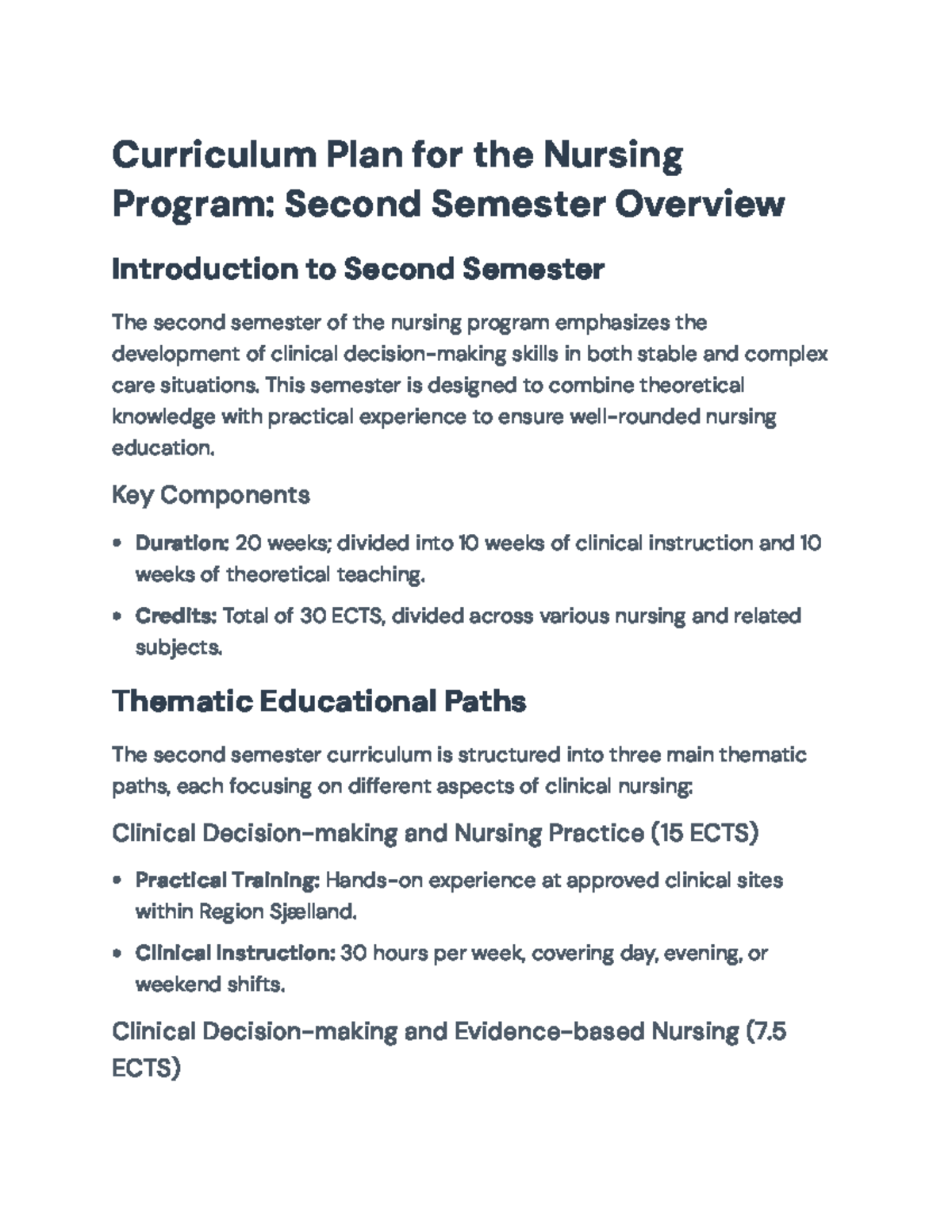 Curriculum Plan for Nursing Program: Second Semester Overview & Skills ...