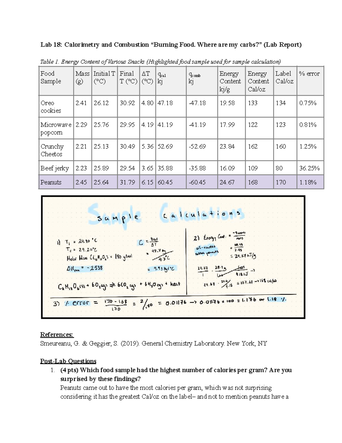 Lab 18: Calorimetry & Combustion of Food Samples - Studocu