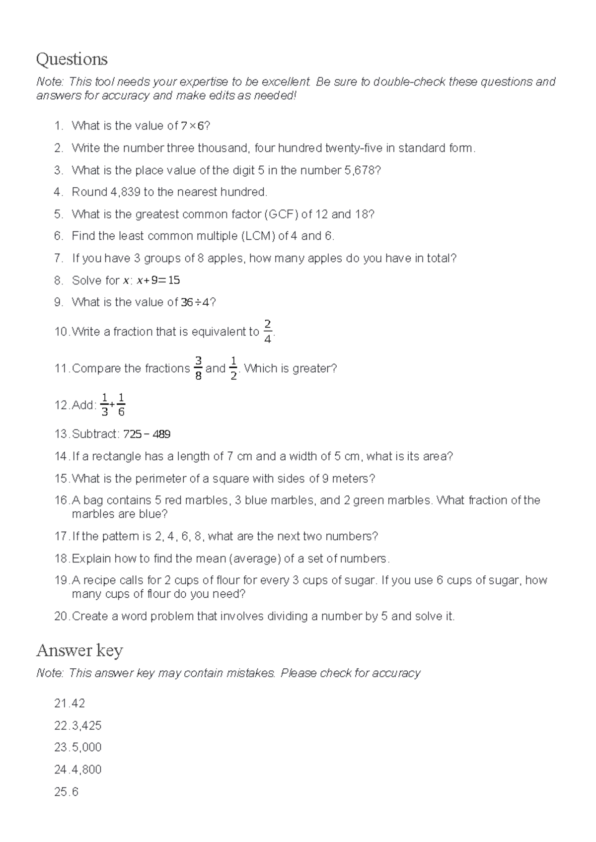 Math Quiz Questions and Answers: Accuracy Check Needed - Studocu