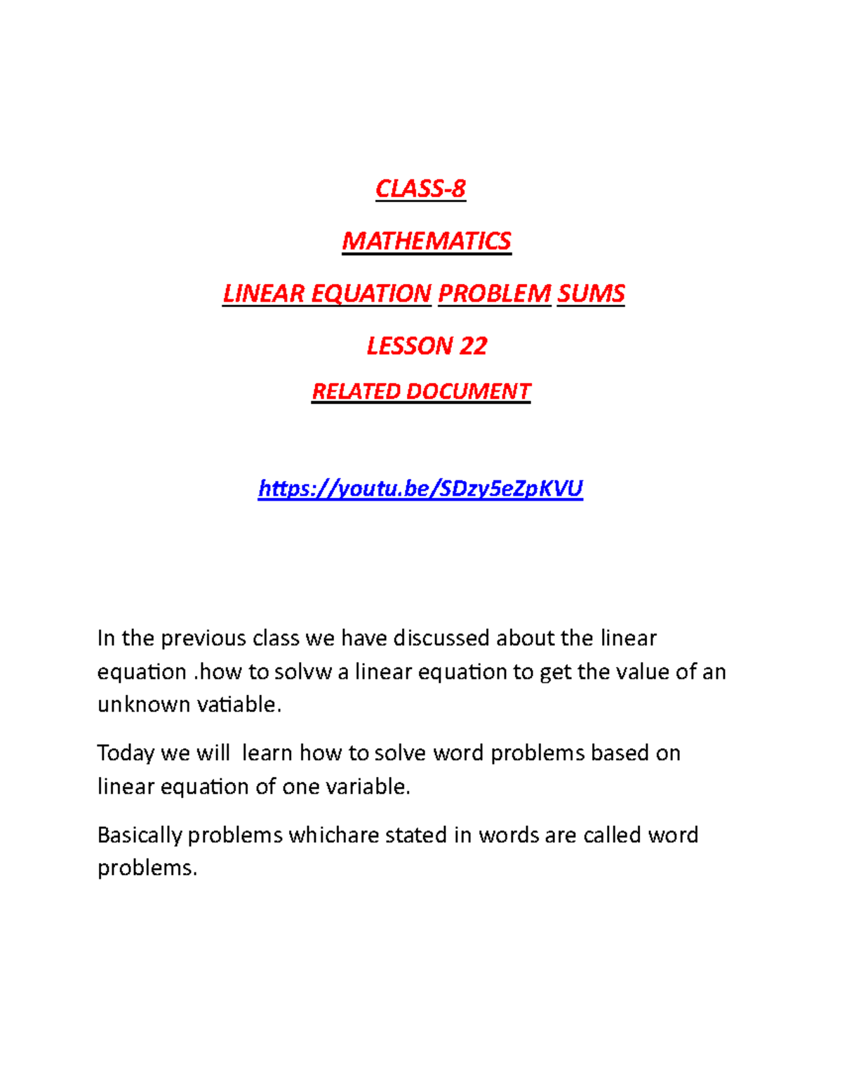 Class 8 Mathematics Lesson 22: Problem Sums on Linear Equations - Studocu