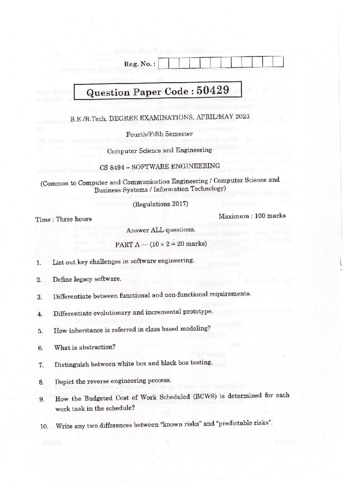 QP-CS8494 B. Tech. Software Engineering Exam Paper - AM 2023 - Studocu